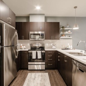 a kitchen with stainless steel appliances